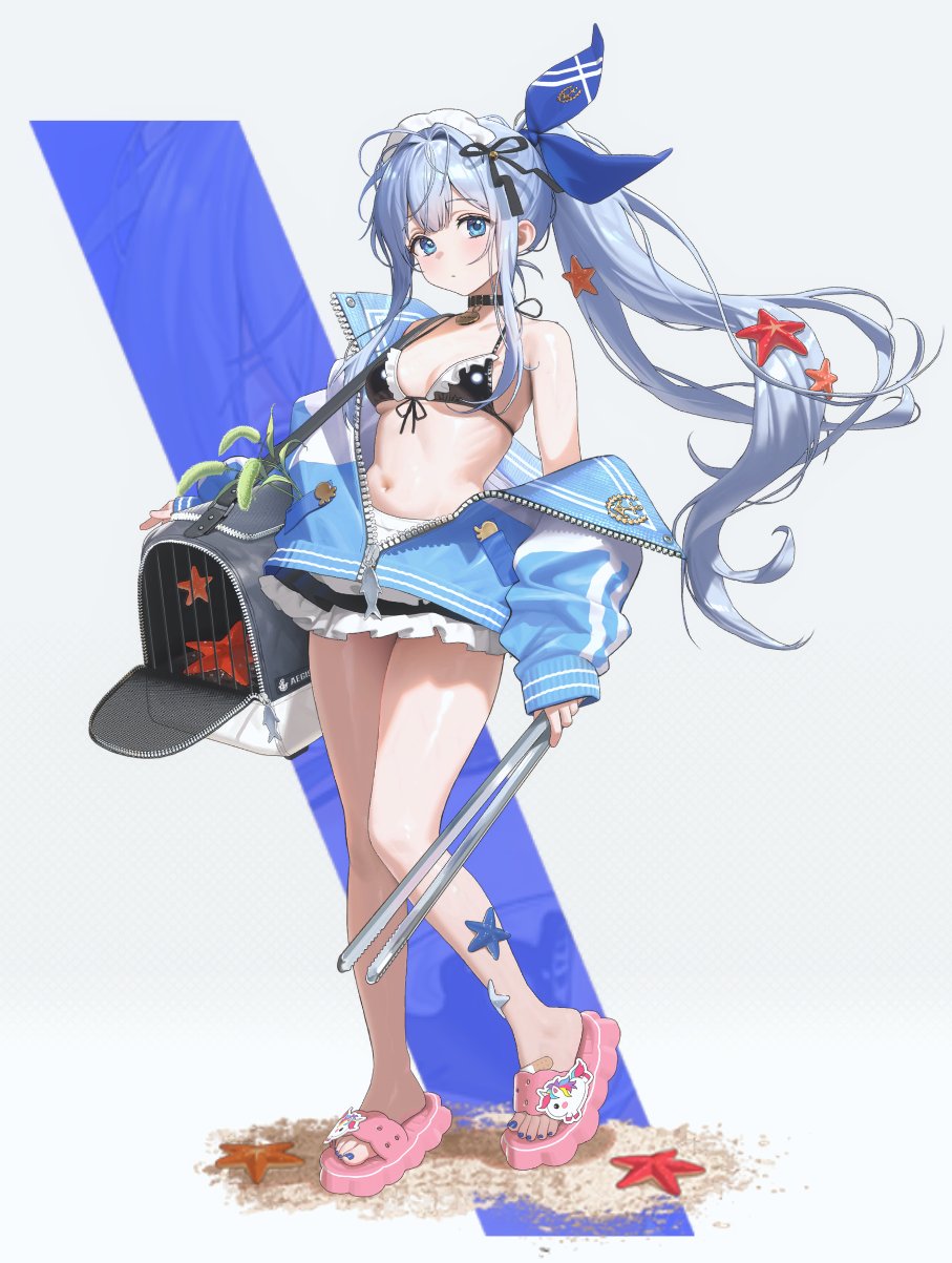 NIKKE official art: Anchor in a maid-style swimsuit and blue jacket, holding tongs and a pet carrier