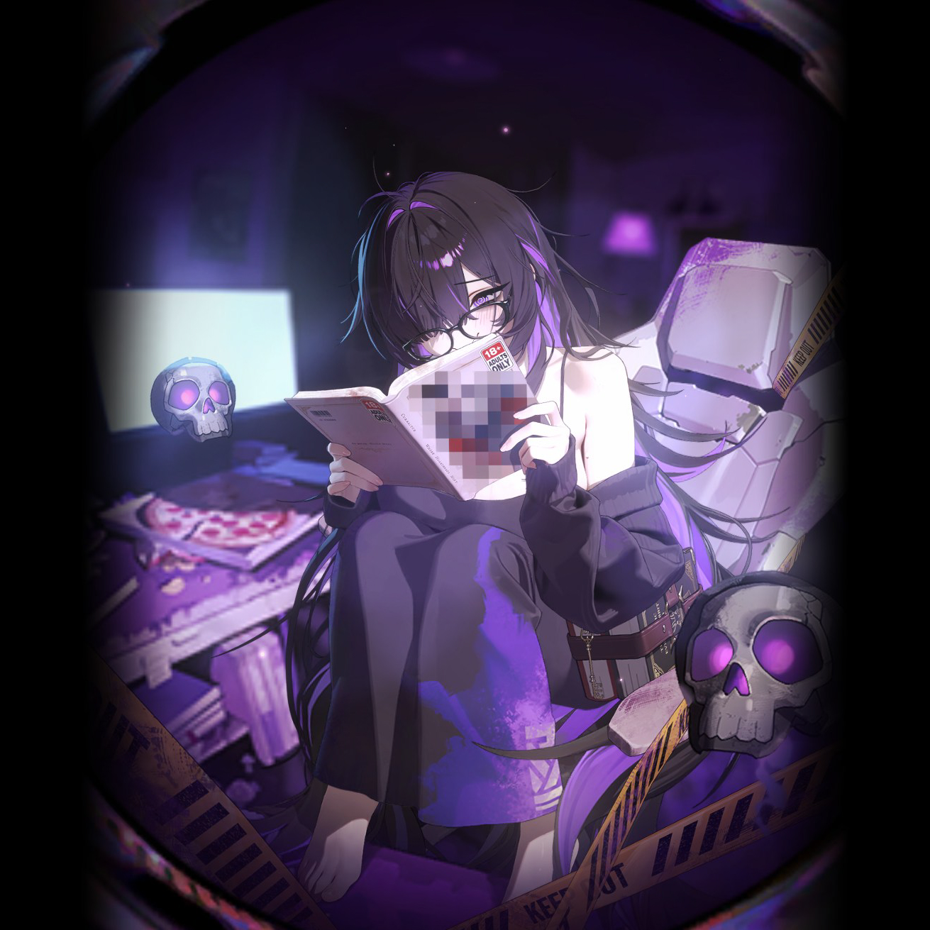 Label reading in a dark violet room, seen through a round fisheye vignette