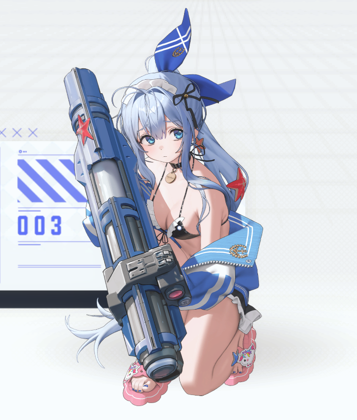 Anchor kneeling with a large blue launcher in front of a white interface backdrop