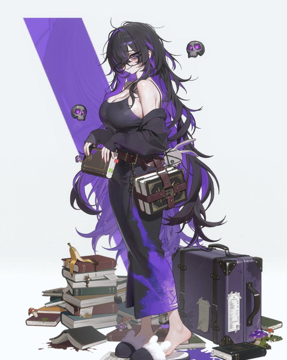 NIKKE official art: Label, a tall bespectacled woman with long black and violet hair, books and a purple trunk